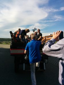 "Hoppingbon" board the wagon for the Hillinger vineyard tour